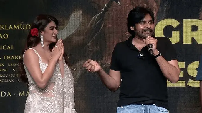 Pawan Kalyan & Nidhi Agerwal during HHVM Promotions